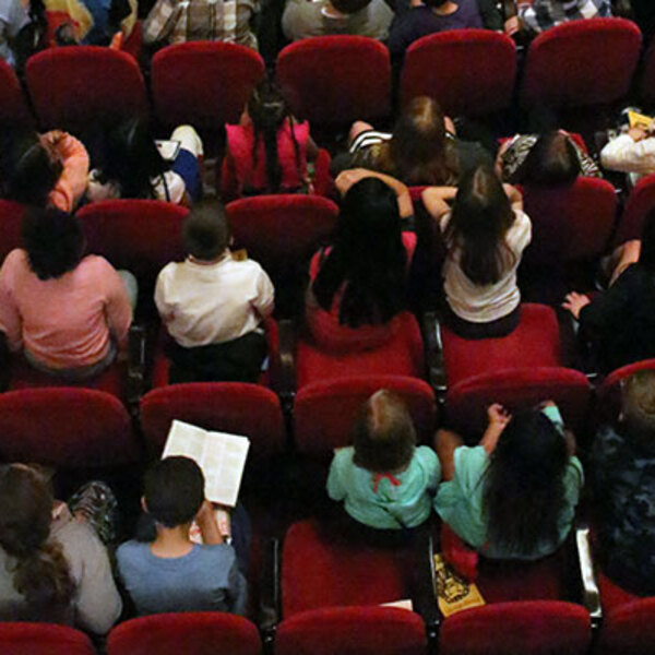 overhead shot of group of students in the theatre auditorium