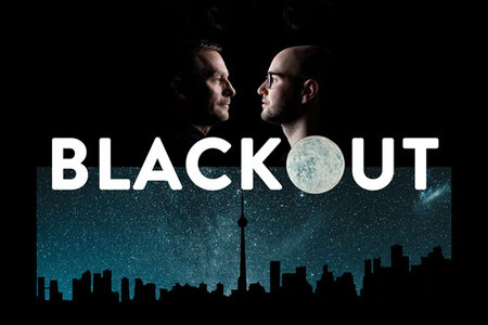 blackout show art profile of two men facing each other on black background. toronto cityscape