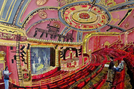 Paper collage artwork of interior of theatre.
