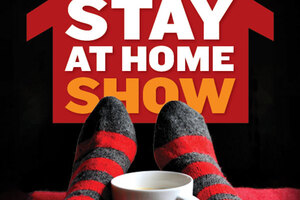 Red striped socks and coffee cup with mirvish logo. The Stay at Home Show.