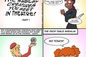 Four panel comic illustrating the magical creatures you meet in the theatre part 2.