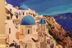 Completed paint by numbers of Greek seaside.