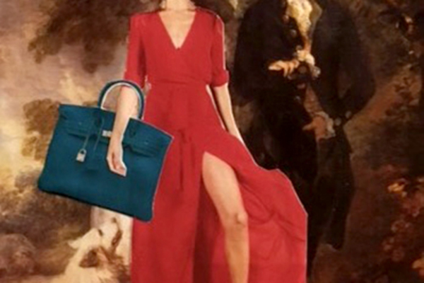 Fashionable woman in red dress with oversized blue bag. Man in waistcoat with Justin Beiber's face.