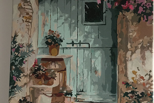 Paint by numbers of wooden double door with small window. Climbing rose bush frames the right side. 