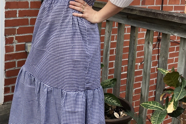 modified skirt made from blue and white gingham table cloth.