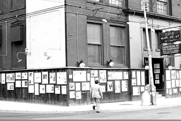 black and white exterior shot of Ed's Warehouse King and John St