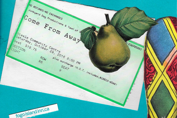 Collage of theatre ticket stub of Come From Away and green pear