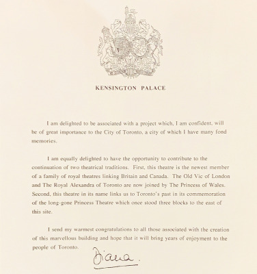 Letter from Kensington palace signed by Princess of Wales, Diana